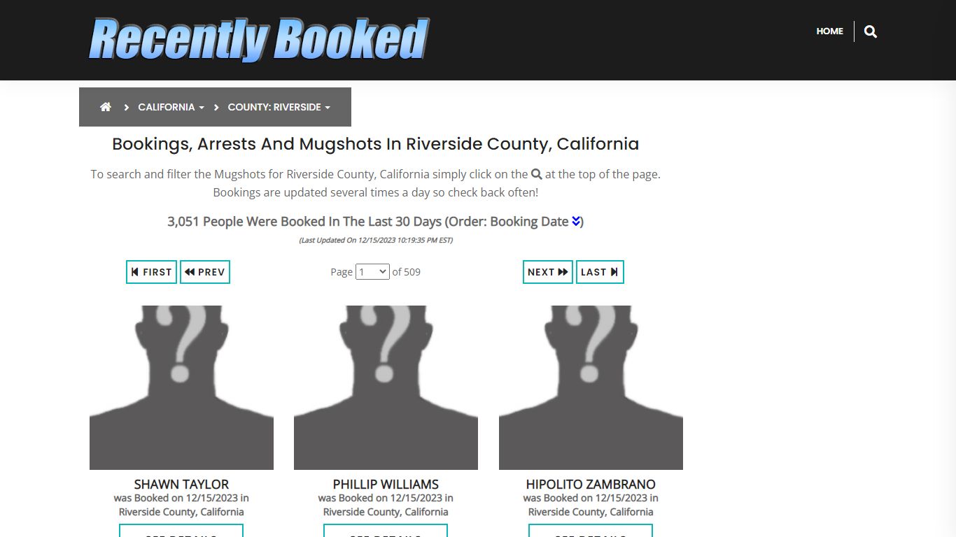 Bookings, Arrests and Mugshots in Riverside County, California